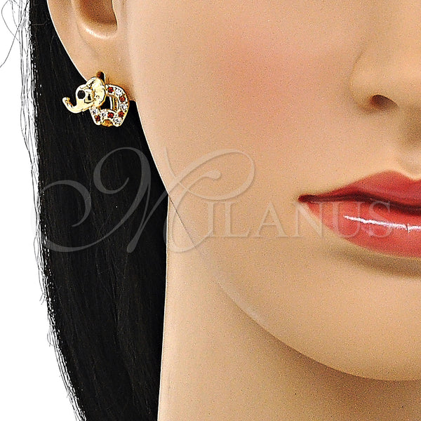 Gold Filled Hoop Earrings — Huggie Hoop Elephant Design with Garnet and White — alternate product view — SKU 147119 | Oro Laminado aretes de aro — Huggie Hoop Elephant diseño with Garnet and blanco — SKU 147119