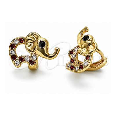 Oro Laminado Huggie Hoop, Gold Filled Style Elephant Design, with Garnet and White Cubic Zirconia, Polished, Golden Finish, 02.26.0291.1.15