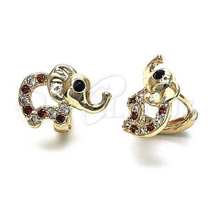 Gold Filled Hoop Earrings — Huggie Hoop Elephant Design with Garnet and White — main product view — SKU 147119 | Oro Laminado aretes de aro — Huggie Hoop Elephant diseño with Garnet and blanco — SKU 147119
