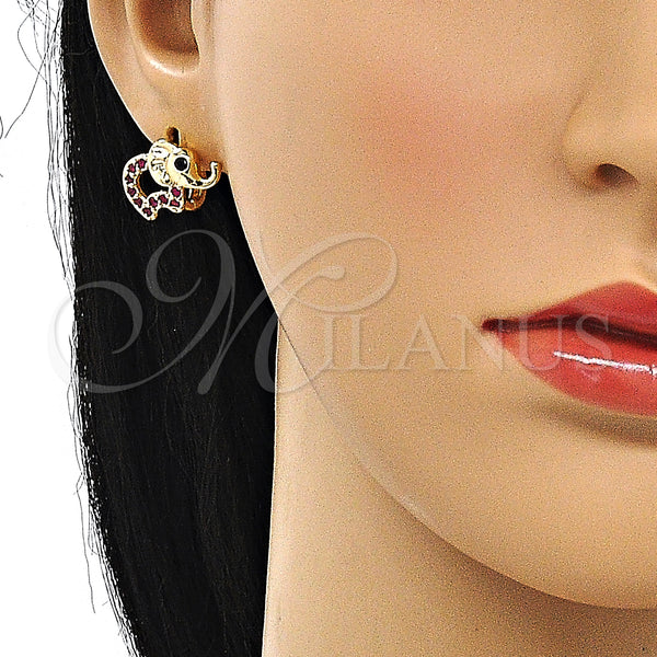 Gold Filled Hoop Earrings — Huggie Hoop Elephant Design with Ruby and Black — alternate product view — SKU 147120 | Oro Laminado aretes de aro — Huggie Hoop Elephant diseño with Ruby and negro — SKU 147120