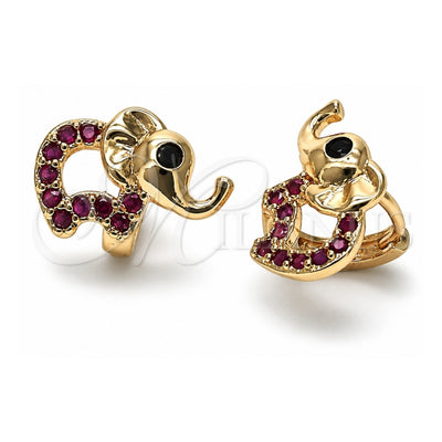 Oro Laminado Huggie Hoop, Gold Filled Style Elephant Design, with Ruby and Black Cubic Zirconia, Polished, Golden Finish, 02.26.0291.2.15