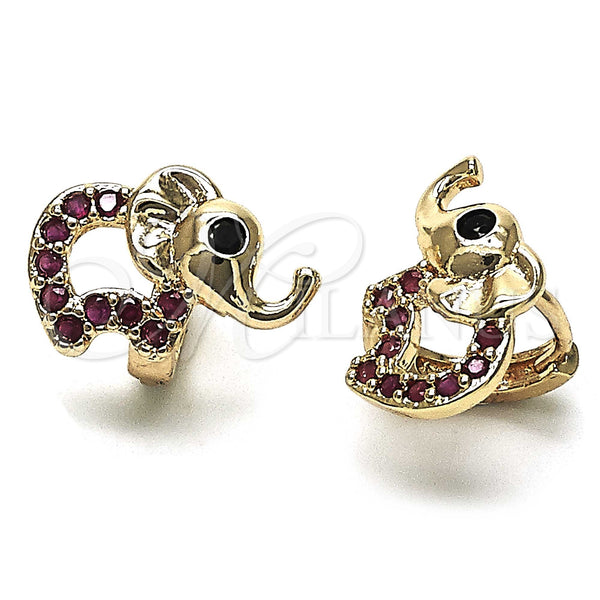 Gold Filled Hoop Earrings — Huggie Hoop Elephant Design with Ruby and Black — main product view — SKU 147120 | Oro Laminado aretes de aro — Huggie Hoop Elephant diseño with Ruby and negro — SKU 147120