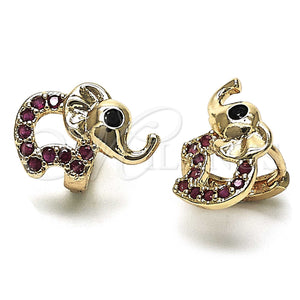 Gold Filled Hoop Earrings — Huggie Hoop Elephant Design with Ruby and Black — main product view — SKU 147120 | Oro Laminado aretes de aro — Huggie Hoop Elephant diseño with Ruby and negro — SKU 147120