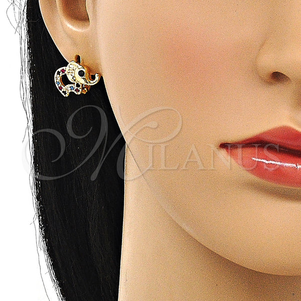 Gold Filled Hoop Earrings — Huggie Hoop Elephant Design with Multicolor Micro Pave — alternate product view — SKU 147121 | Oro Laminado aretes de aro — Huggie Hoop Elephant diseño with Multicolor Micro Pave — SKU 147121