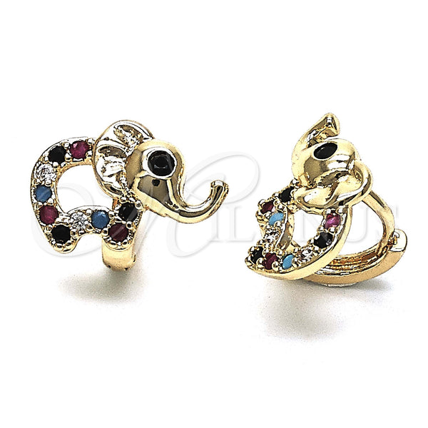 Gold Filled Hoop Earrings — Huggie Hoop Elephant Design with Multicolor Micro Pave — main product view — SKU 147121 | Oro Laminado aretes de aro — Huggie Hoop Elephant diseño with Multicolor Micro Pave — SKU 147121