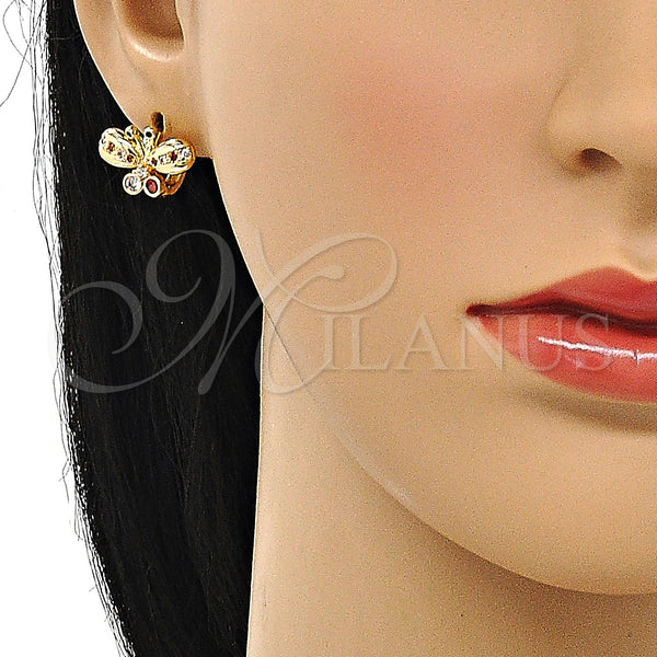 Gold Filled Hoop Earrings — Huggie Hoop Butterfly Design with Garnet Cubic Zirconia — alternate product view — SKU 147122 | Oro Laminado aretes de aro — Huggie Hoop Butterfly diseño with Garnet Cubic Zirconia — SKU 147122