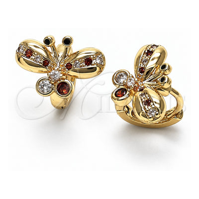 Oro Laminado Huggie Hoop, Gold Filled Style Butterfly Design, with Garnet Cubic Zirconia and White Micro Pave, Polished, Golden Finish, 02.26.0292.1.15
