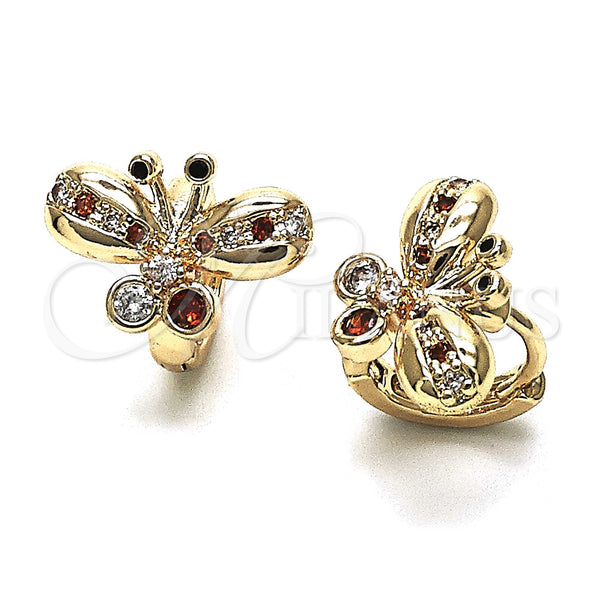 Gold Filled Hoop Earrings — Huggie Hoop Butterfly Design with Garnet Cubic Zirconia — main product view — SKU 147122 | Oro Laminado aretes de aro — Huggie Hoop Butterfly diseño with Garnet Cubic Zirconia — SKU 147122