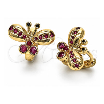 Oro Laminado Huggie Hoop, Gold Filled Style Butterfly Design, with Ruby Cubic Zirconia, Polished, Golden Finish, 02.26.0292.2.15