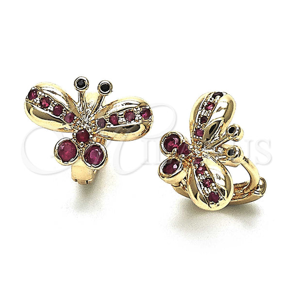Gold Filled Hoop Earrings — Huggie Hoop Butterfly Design with Ruby Cubic Zirconia — main product view — SKU 147123 | Oro Laminado aretes de aro — Huggie Hoop Butterfly diseño with Ruby Cubic Zirconia — SKU 147123
