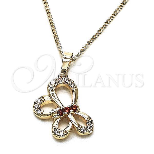 Oro Laminado Pendant Necklace, Gold Filled Style Butterfly Design, with Garnet and White Cubic Zirconia, Polished, Golden Finish, 04.26.0052.1.18 (02 MM Thickness, 18 Inches Length)