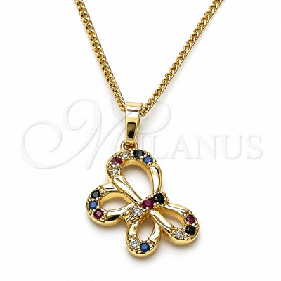 Oro Laminado Pendant Necklace, Gold Filled Style Butterfly Design, with Multicolor Cubic Zirconia, Polished, Golden Finish, 04.26.0052.3.18 (02 MM Thickness, 18 Inches Length)