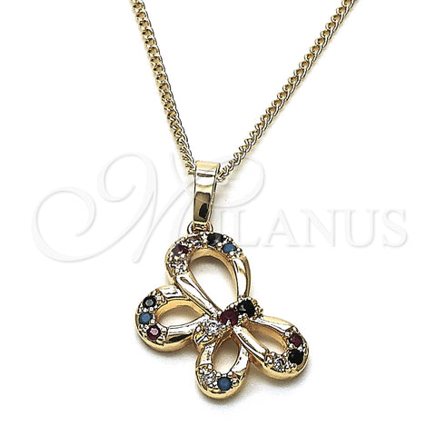 Oro Laminado Pendant Necklace, Gold Filled Style Butterfly Design, with Multicolor Cubic Zirconia, Polished, Golden Finish, 04.26.0052.3.18 (02 MM Thickness, 18 Inches Length)