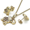 Oro Laminado Earring and Pendant Adult Set, Gold Filled Style Elephant Design, with Garnet and White Micro Pave, Polished, Golden Finish, 10.26.0021.3