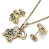 Oro Laminado Earring and Pendant Adult Set, Gold Filled Style Elephant Design, with Black and White Micro Pave, Polished, Golden Finish, 10.26.0021.4