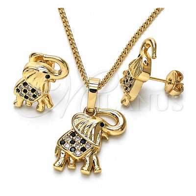 Oro Laminado Earring and Pendant Adult Set, Gold Filled Style Elephant Design, with Black and White Micro Pave, Polished, Golden Finish, 10.26.0021.4