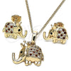 Oro Laminado Earring and Pendant Adult Set, Gold Filled Style Elephant Design, with Garnet and White Micro Pave, Polished, Golden Finish, 10.26.0022.3