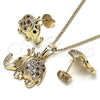 Oro Laminado Earring and Pendant Adult Set, Gold Filled Style Elephant Design, with Garnet and White Micro Pave, Polished, Golden Finish, 10.26.0022.3