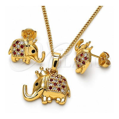 Oro Laminado Earring and Pendant Adult Set, Gold Filled Style Elephant Design, with Garnet and White Micro Pave, Polished, Golden Finish, 10.26.0022.3