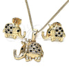 Oro Laminado Earring and Pendant Adult Set, Gold Filled Style Elephant Design, with Black and White Micro Pave, Polished, Golden Finish, 10.26.0022.4