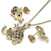 Oro Laminado Earring and Pendant Adult Set, Gold Filled Style Elephant Design, with Black and White Micro Pave, Polished, Golden Finish, 10.26.0022.4
