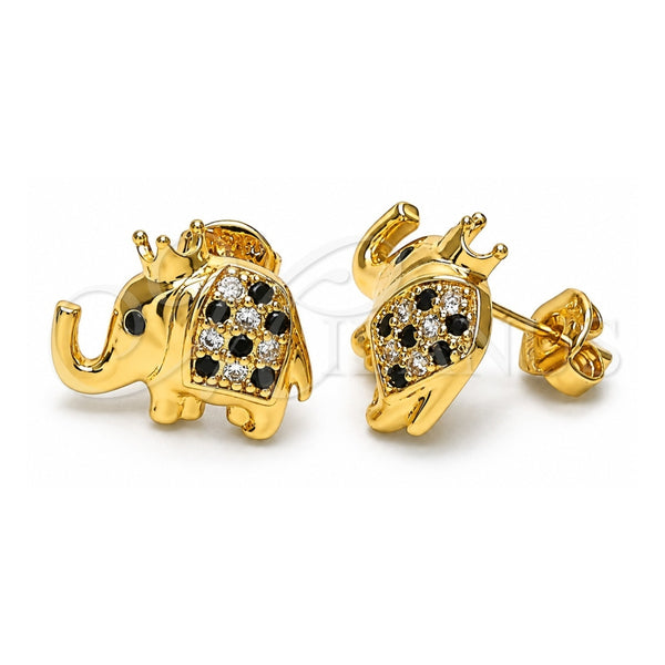 Oro Laminado Stud Earring, Gold Filled Style Elephant and Crown Design, with Black and White Micro Pave, Polished, Golden Finish, 02.185.0009.2