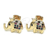 Oro Laminado Stud Earring, Gold Filled Style Elephant and Crown Design, with Multicolor Micro Pave, Polished, Golden Finish, 02.185.0009.3