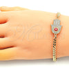 Oro Laminado Fancy Bracelet, Gold Filled Style Hand of God and Evil Eye Design, with White Micro Pave, Red Enamel Finish, Golden Finish, 03.156.0039.08 (04 MM Thickness, 8 Inches Length)