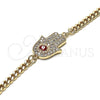 Oro Laminado Fancy Bracelet, Gold Filled Style Hand of God and Evil Eye Design, with White Micro Pave, Red Enamel Finish, Golden Finish, 03.156.0039.08 (04 MM Thickness, 8 Inches Length)