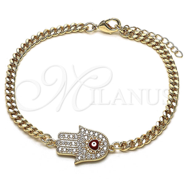 Oro Laminado Fancy Bracelet, Gold Filled Style Hand of God and Evil Eye Design, with White Micro Pave, Red Enamel Finish, Golden Finish, 03.156.0039.08 (04 MM Thickness, 8 Inches Length)