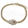 Oro Laminado Fancy Bracelet, Gold Filled Style Hand of God and Evil Eye Design, with White Micro Pave, Red Enamel Finish, Golden Finish, 03.156.0039.08 (04 MM Thickness, 8 Inches Length)