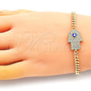 Oro Laminado Fancy Bracelet, Gold Filled Style Hand of God and Evil Eye Design, with White Micro Pave, Blue Enamel Finish, Golden Finish, 03.156.0039.1.08 (04 MM Thickness, 8 Inches Length)