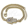Oro Laminado Fancy Bracelet, Gold Filled Style Hand of God and Evil Eye Design, with White Micro Pave, Blue Enamel Finish, Golden Finish, 03.156.0039.1.08 (04 MM Thickness, 8 Inches Length)