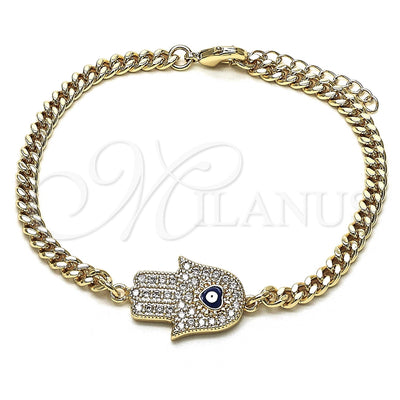 Oro Laminado Fancy Bracelet, Gold Filled Style Hand of God and Evil Eye Design, with White Micro Pave, Blue for wholesale, main product view