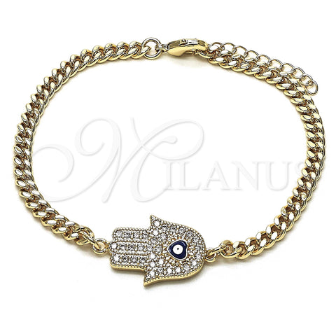 Oro Laminado Fancy Bracelet, Gold Filled Style Hand of God and Evil Eye Design, with White Micro Pave, Blue Enamel Finish, Golden Finish, 03.156.0039.1.08 (04 MM Thickness, 8 Inches Length)
