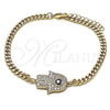 Oro Laminado Fancy Bracelet, Gold Filled Style Hand of God and Evil Eye Design, with White Micro Pave, Blue Enamel Finish, Golden Finish, 03.156.0039.1.08 (04 MM Thickness, 8 Inches Length)