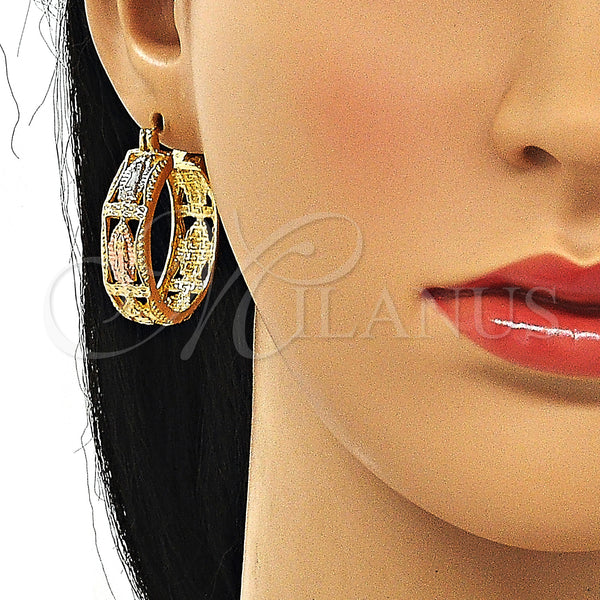Gold Filled Hoop Earrings — Medium Hoop Guadalupe Design Polished Tricolor 02. — alternate product view — SKU 147142 | Oro Laminado aretes de aro — Medium Hoop Guadalupe diseño pulido Tricolor 02. — SKU 147142