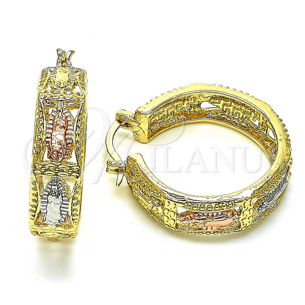 Gold Filled Hoop Earrings — Medium Hoop Guadalupe Design Polished Tricolor 02. — main product view — SKU 147142 | Oro Laminado aretes de aro — Medium Hoop Guadalupe diseño pulido Tricolor 02. — SKU 147142