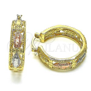 Gold Filled Hoop Earrings — Medium Hoop Guadalupe Design Polished Tricolor 02. — main product view — SKU 147142 | Oro Laminado aretes de aro — Medium Hoop Guadalupe diseño pulido Tricolor 02. — SKU 147142