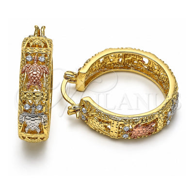 Oro Laminado Medium Hoop, Gold Filled Style Turtle Design, with White Crystal, Polished, Tricolor, 02.380.0097.30