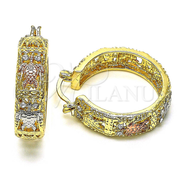 Gold Filled Hoop Earrings — Medium Hoop Turtle Design with White Crystal Polished — main product view — SKU 147143 | Oro Laminado aretes de aro — Medium Hoop Turtle diseño with cristal blanco pulido — SKU 147143