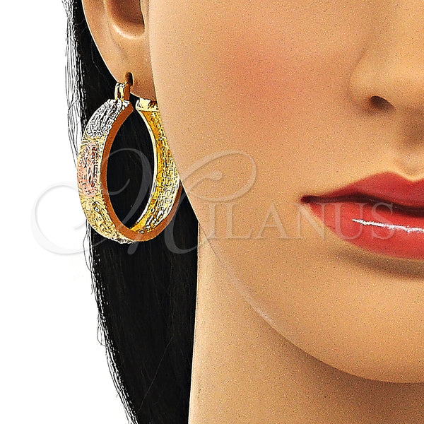Gold Filled Hoop Earrings — Medium Hoop Guadalupe Design Polished Tricolor 02. — alternate product view — SKU 147144 | Oro Laminado aretes de aro — Medium Hoop Guadalupe diseño pulido Tricolor 02. — SKU 147144