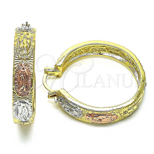 Gold Filled Hoop Earrings — Medium Hoop Guadalupe Design Polished Tricolor 02. — main product view — SKU 147144 | Oro Laminado aretes de aro — Medium Hoop Guadalupe diseño pulido Tricolor 02. — SKU 147144