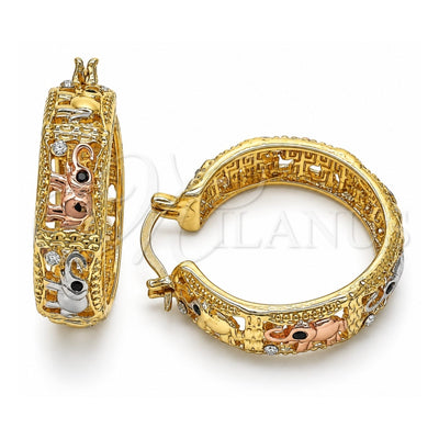 Oro Laminado Medium Hoop, Gold Filled Style Elephant Design, with White and Black Crystal, Polished, Tricolor, 02.380.0101.30