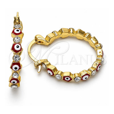 Oro Laminado Small Hoop, Gold Filled Style Evil Eye Design, with White Crystal, Red Enamel Finish, Golden Finish, 02.213.0367.1.25