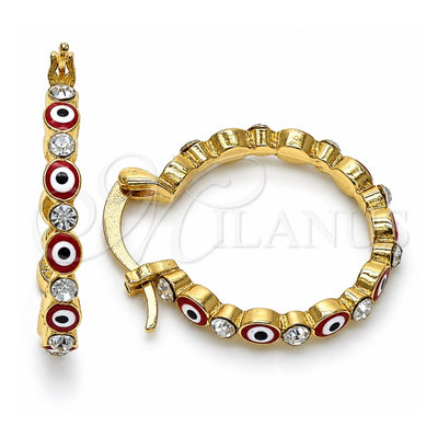 Oro Laminado Small Hoop, Gold Filled Style Evil Eye Design, with White Crystal, Red Enamel Finish, Golden Finish, 02.213.0315.1.25