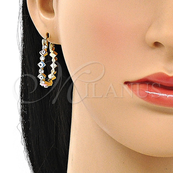 Gold Filled Hoop Earrings — Small Hoop Evil Eye Design with White Crystal — alternate product view — SKU 147155 | Oro Laminado aretes de aro — Small Hoop Evil Eye diseño with cristal blanco — SKU 147155