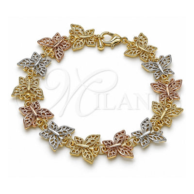 Oro Laminado Fancy Bracelet, Gold Filled Style Butterfly Design, Polished, Tricolor, 03.351.0135.08 (14 MM Thickness, 8 Inches Length)