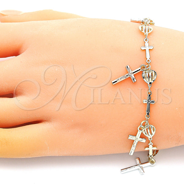 Gold Filled Bracelet — Charm Bracelet Crucifix and Heart Design Polished Tricolor — alternate product view — SKU 147250 | Oro Laminado brazalete — Charm Bracelet Crucifix and corazón diseño pulido Tricolor — SKU 147250