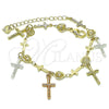Oro Laminado Charm Bracelet, Gold Filled Style Crucifix and Heart Design, Polished, Tricolor, 03.351.0140.07 (07 MM Thickness, 7 Inches Length)